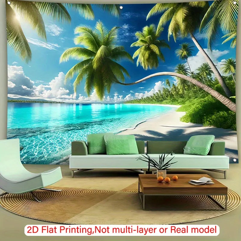Tela de fondo con escena de playa tropical en 2D, palmeras y color turquesa, tela de poliéster, decoración para sala de estar