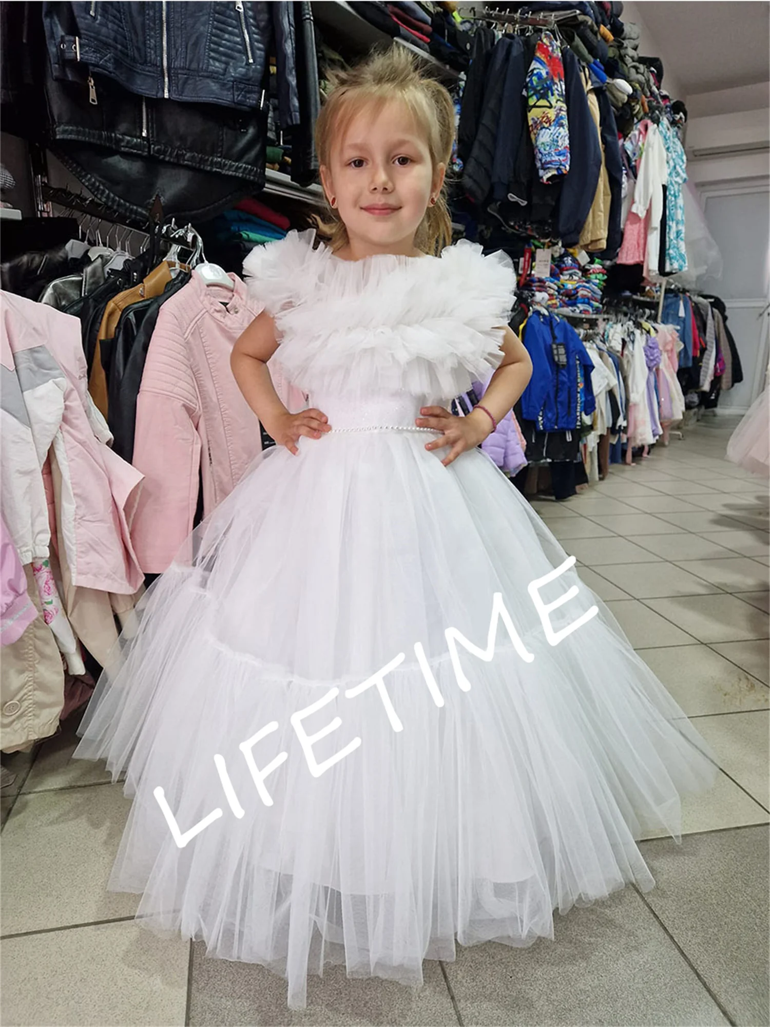 White Flower Girl Dresses For Wedding Puff Sleeve Floor Length Pageant First Communion Dress Toddlers Pleated Tulle Party Gowns