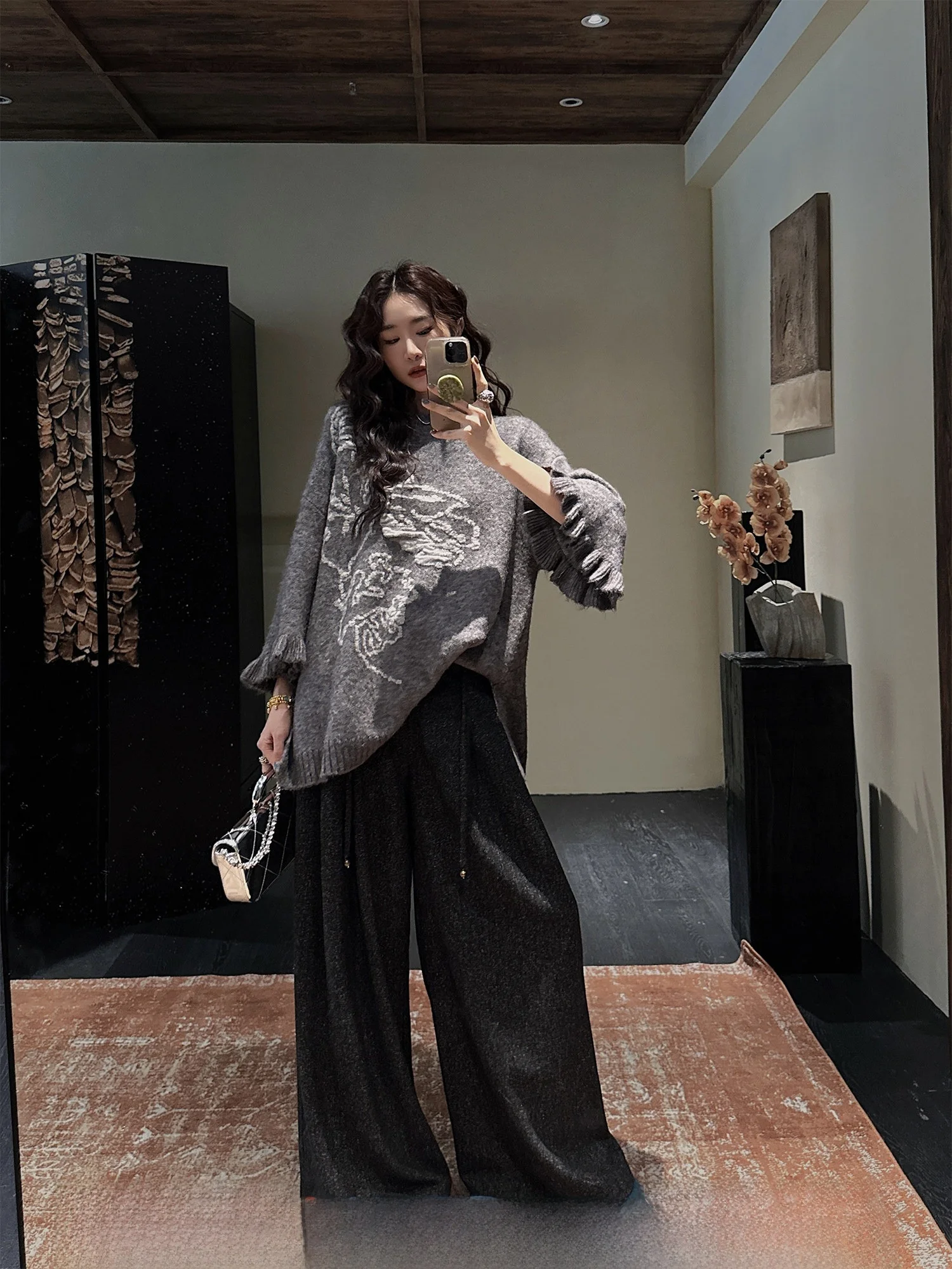 

Sanji Bla Flower Wide Leg Woolen Trousers Color Woven Faionable 2025 New Sle Autumn Winter Casual Pants for Women