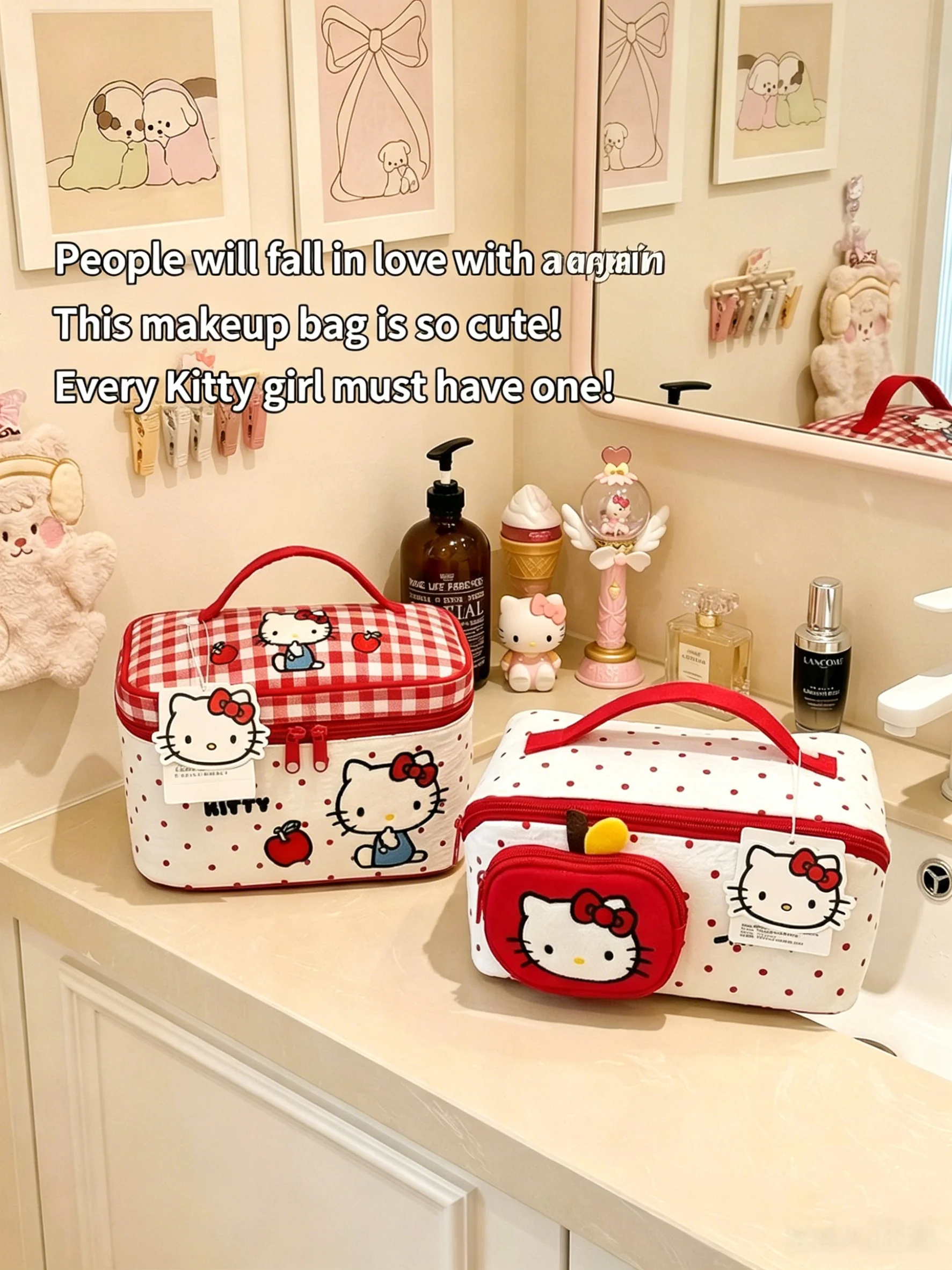Bolsa de Cosméticos Hello Kitty de Grande Capacidade, Organizador de Maquiagem para Viagem com Alça