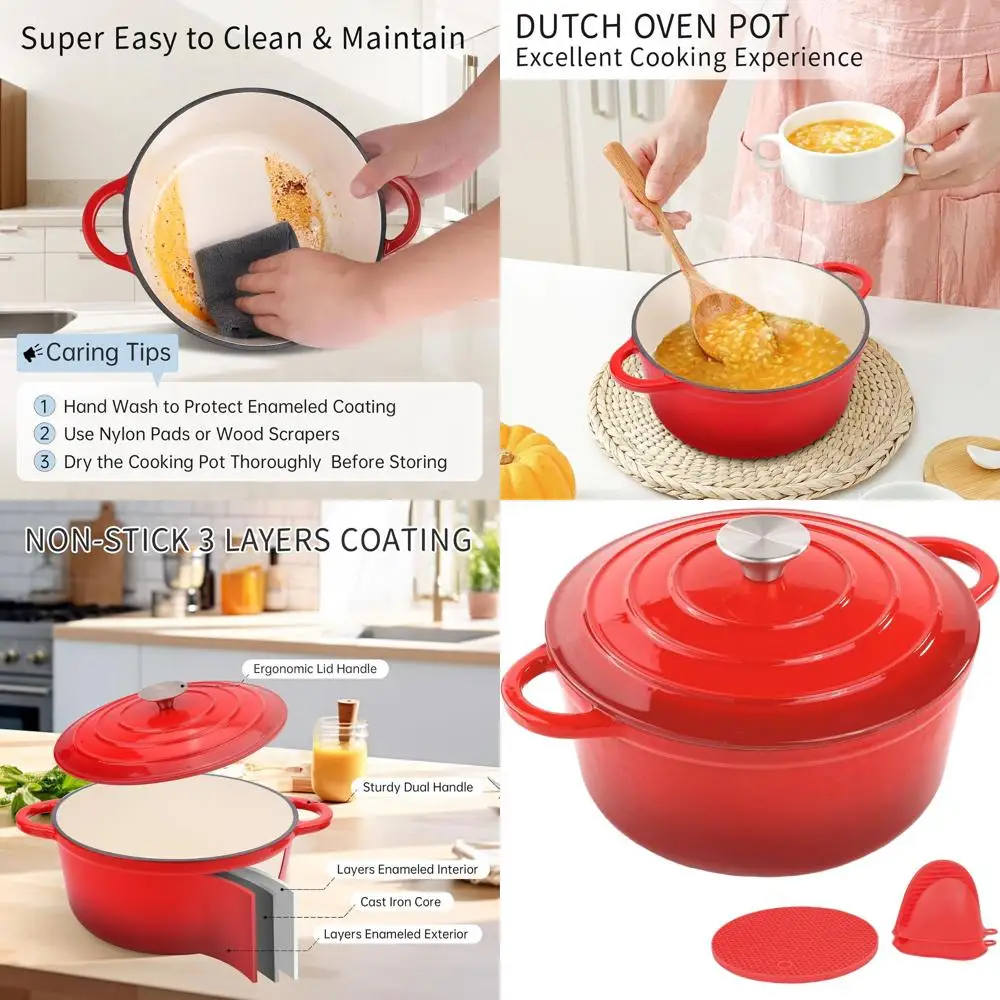 

Чавунная голландская печь с антипригарным покрытием, 4,7 л, с крышкой и силиконовыми аксессуарами, безопасная для духовок до 260 ° C и использование плиты, идеально