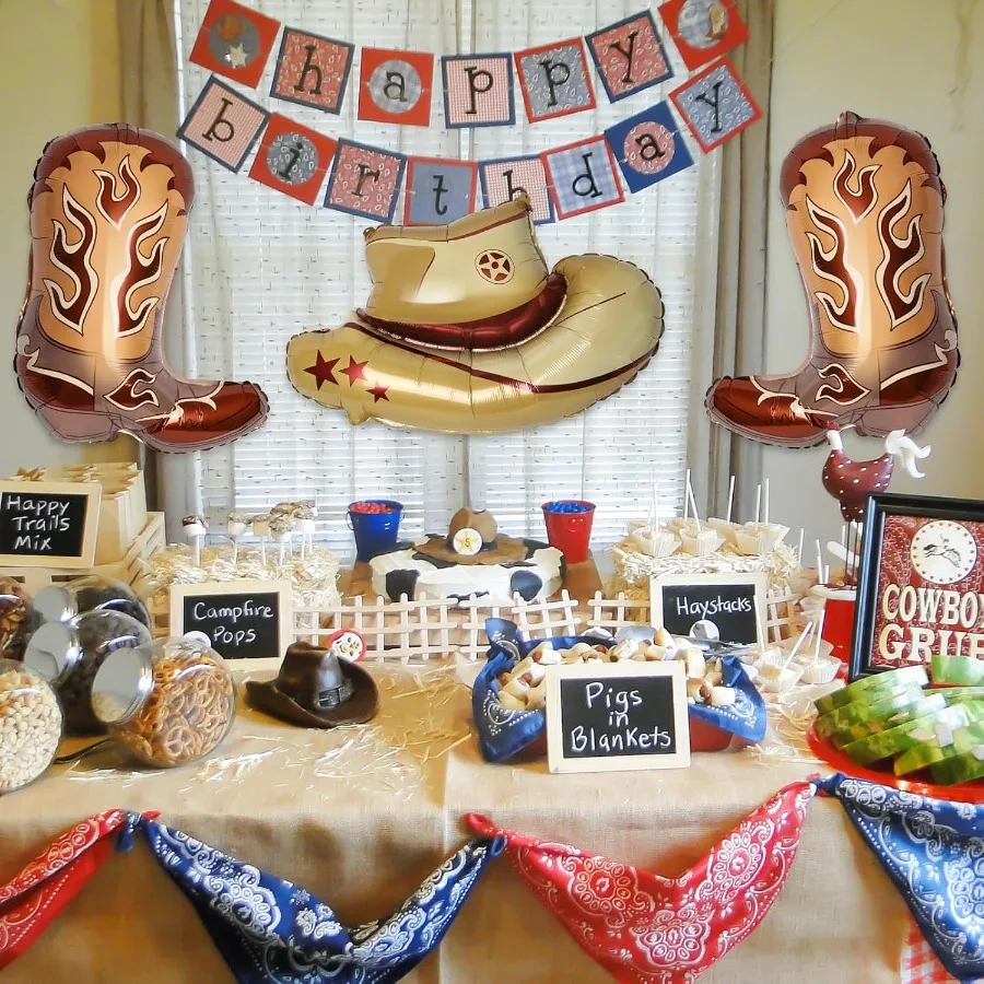 4개 서부 카우걸 파티 풍선 카우걸 부츠 풍선 카우보이 모자 포일 풍선 서부 카우걸 생일 파티 장식