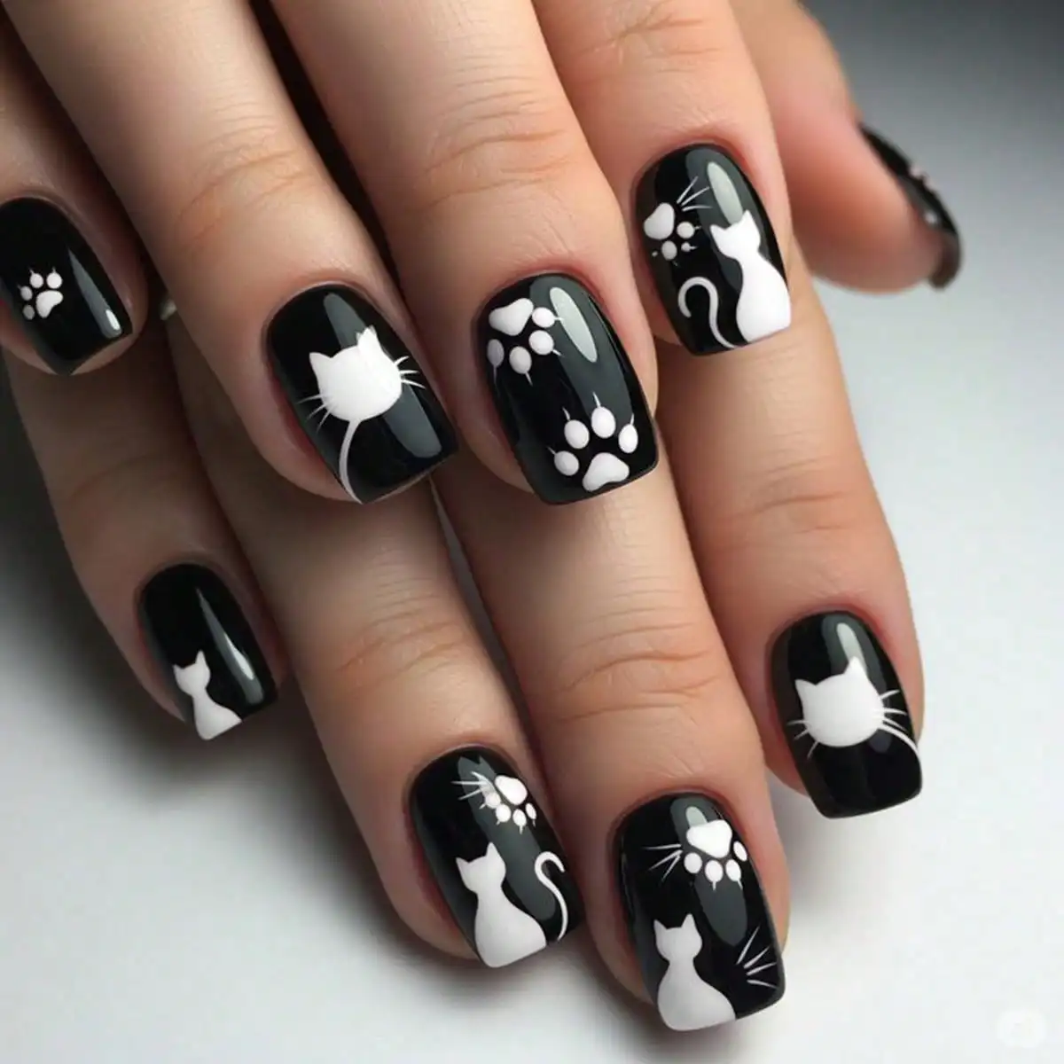 

24 pieces of wearing armor short square black cute cartoon cat claw pattern printing design removable fake nails