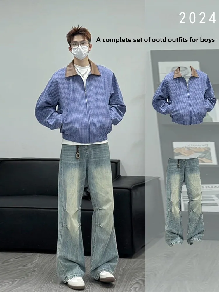 

Cool Men's Plaid Jaet Jeans Autumn Faionable Casual Sportswear Set Teenagers Long Sve Long Pants Polyester Fiber