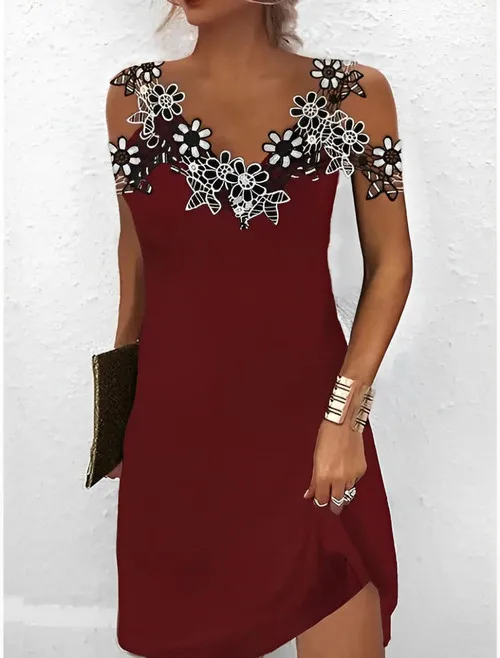 Customizable Casual Summer Women Fashion Solid Color V Neck Off Shoulder Elegant Lace Flower Sleeveless Pullover Party Dresses