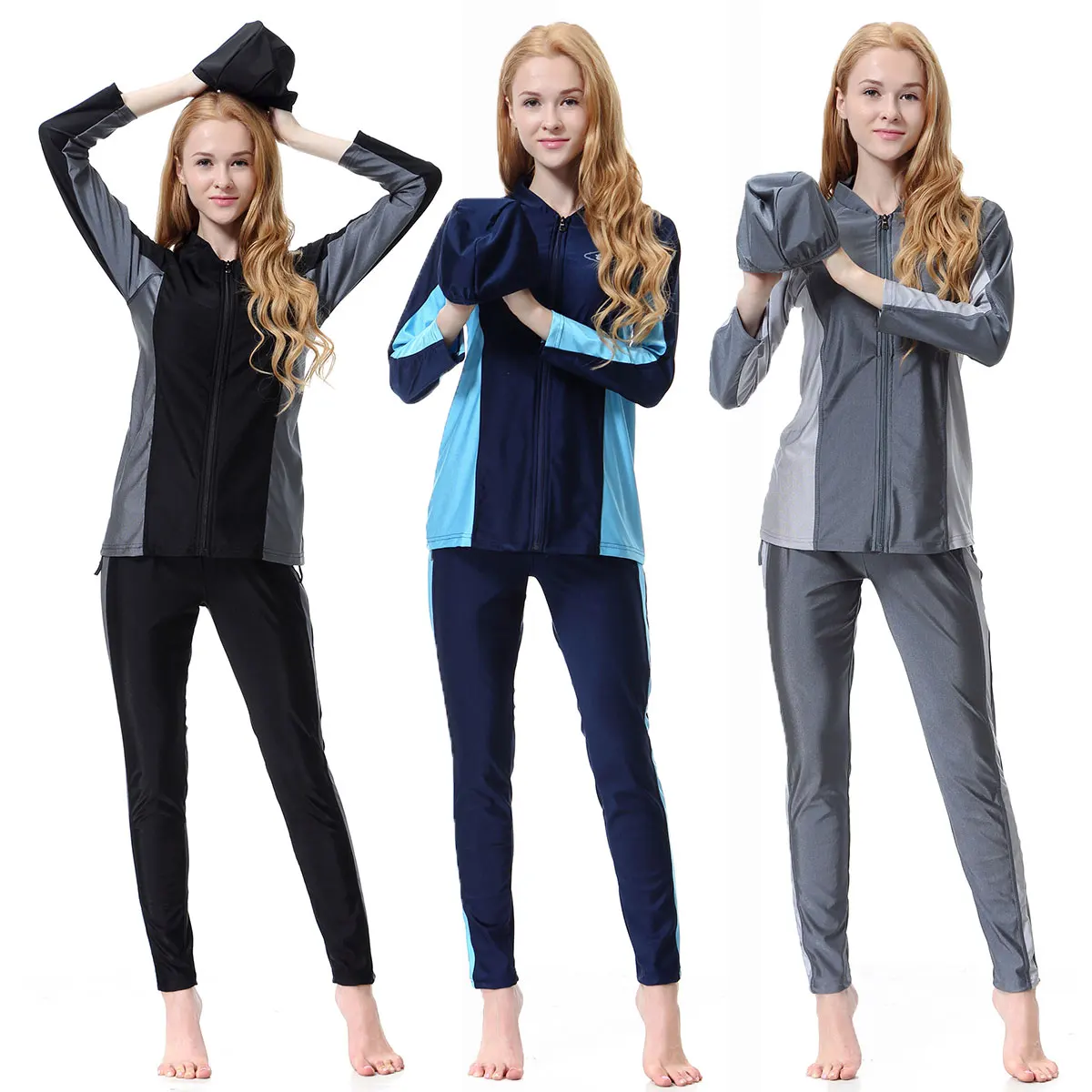 

S-3XL Modest Sporty Islamic Muslim Swimsuit Burkini for Women Ladies Full Cover Color Patchwork 3pcs/set With Hijab Quick Dry
