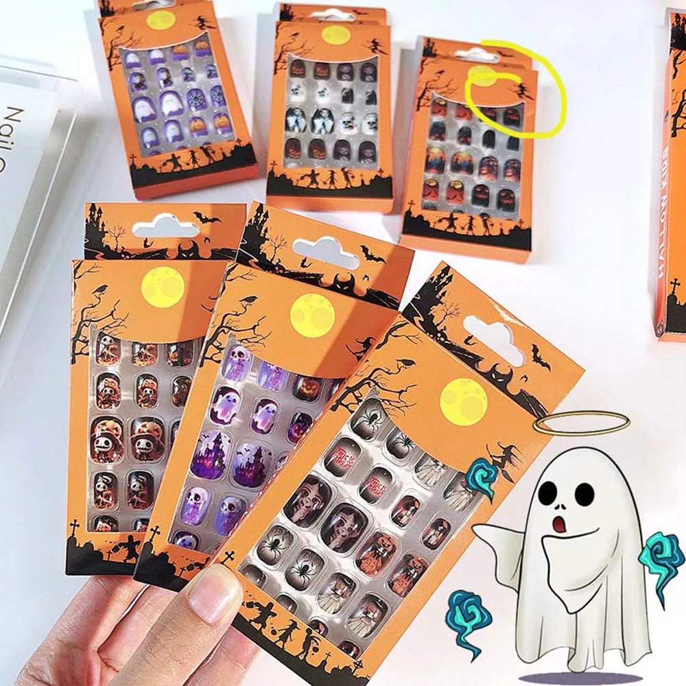 Uñas postizas de murciélago y telaraña para niños, suministros de uñas postizas de Halloween, calabaza, fantasma, dibujos animados, Gel de gelatina, 24 unidades por juego