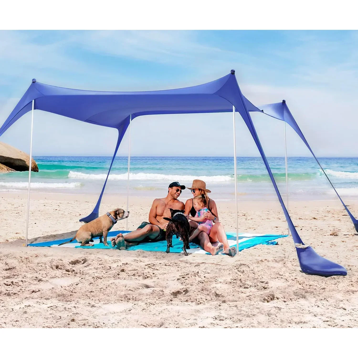 Beach Tent Sun Shelter with UPF50+ Protection, Includes Sand Shovel, Ground Pegs and Stability Poles