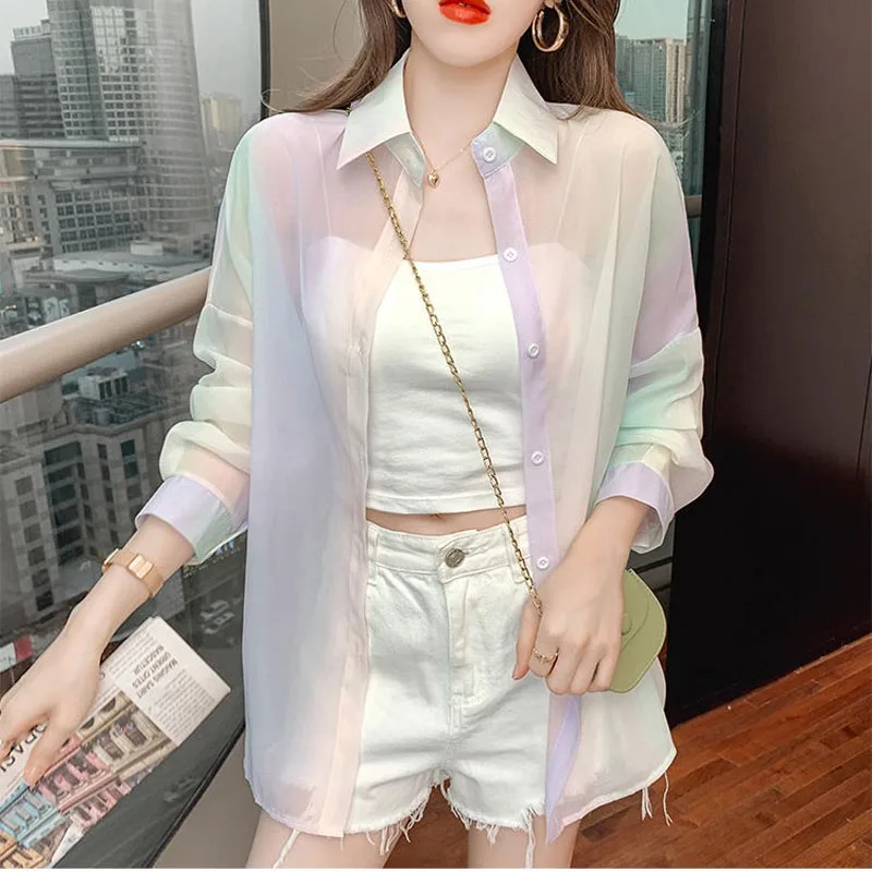 Summer New Thin Ice Silk Loose Trend Cardigan Long Sleeve Polo Neck All-match Youth Shirt Tops Fashion Casual Women Clothing