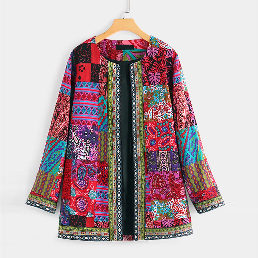 Women Vintage Ethnic Style Floral Print Long Sleeve Plus Size Cotton Jacket Coat Chaqueta Mujer Roupas Femininas пальто женское