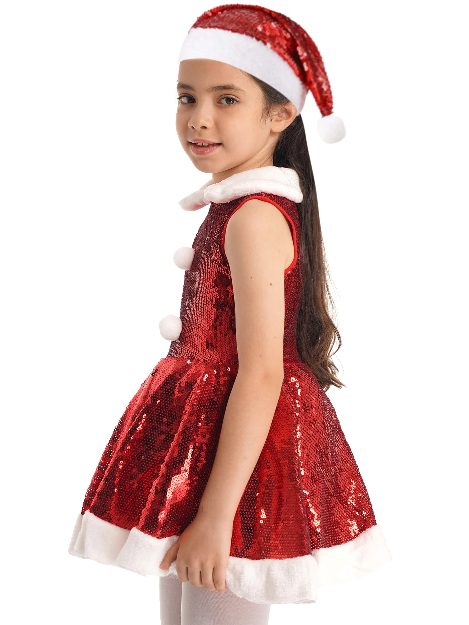 Crianças meninas festa de natal dança desempenho vestido sem mangas lantejoulas brilhantes tutu com chapéu conjunto natal ano novo cosplay traje