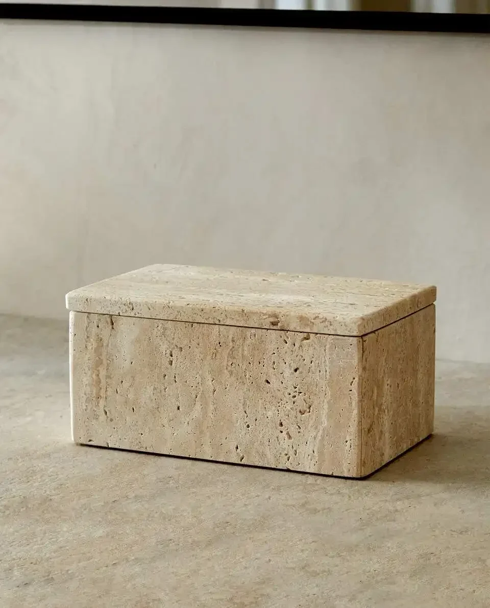 12x19x8cm Duży Wabi-Sabi Naturalny Marmur Beżowy Trawertyn Kamień Prostokątny Pudełko do przechowywania biżuterii z pokrywką Ozdoby do wystroju domu