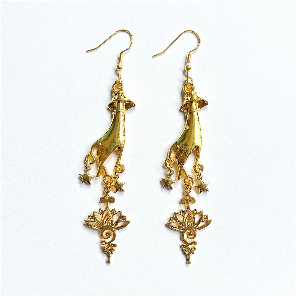 Unalome Hand Gold Lotus Earrings - Boho Goddess Jewelry - Yoga Earrings or Meditation Earrings