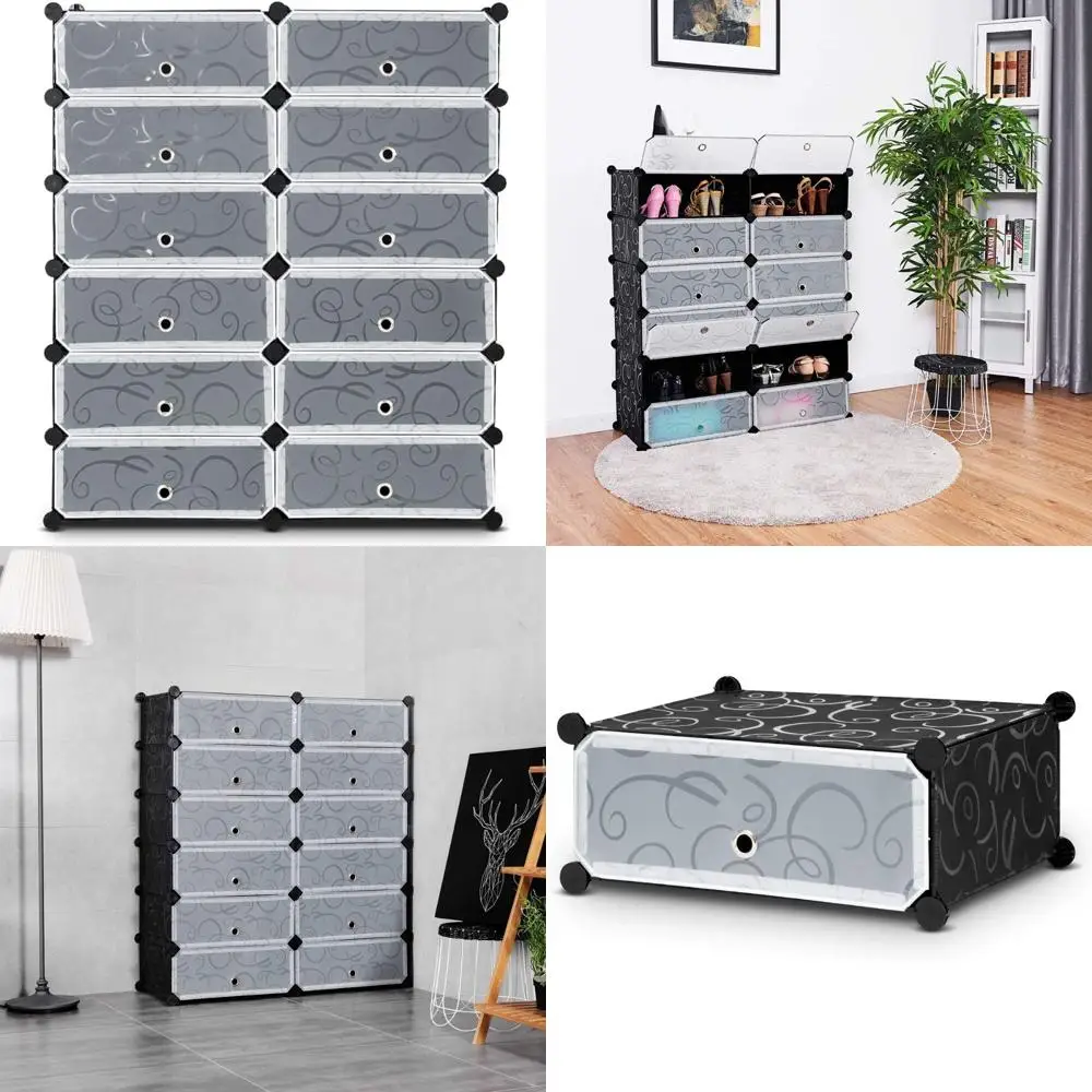 

12-Cube Modular Plastic Shoe Storage Cabinet with 6-Tier Shelves and Transparent Doors, DIY Shoe Rack Organizer
