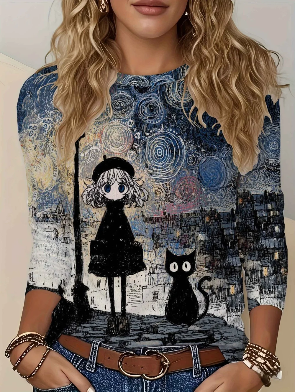 Autumn Casual Women's T-Shirt Oil Painting Style Cute Cat Printed Long Sleeve Women's Outdoor T-Shirts Loose Women's Clothing