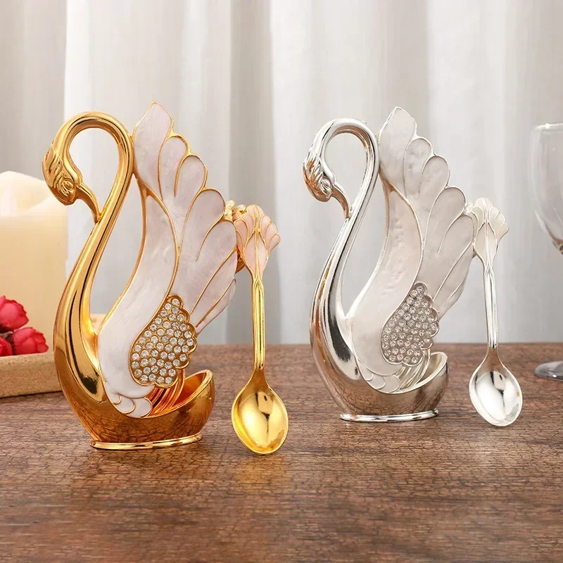 Creative Dinnerware Set Decorative Swan Base Holder with 6 Spoons or Forks for Coffee Fruit Dessert Stirring Mixing Gift Idea