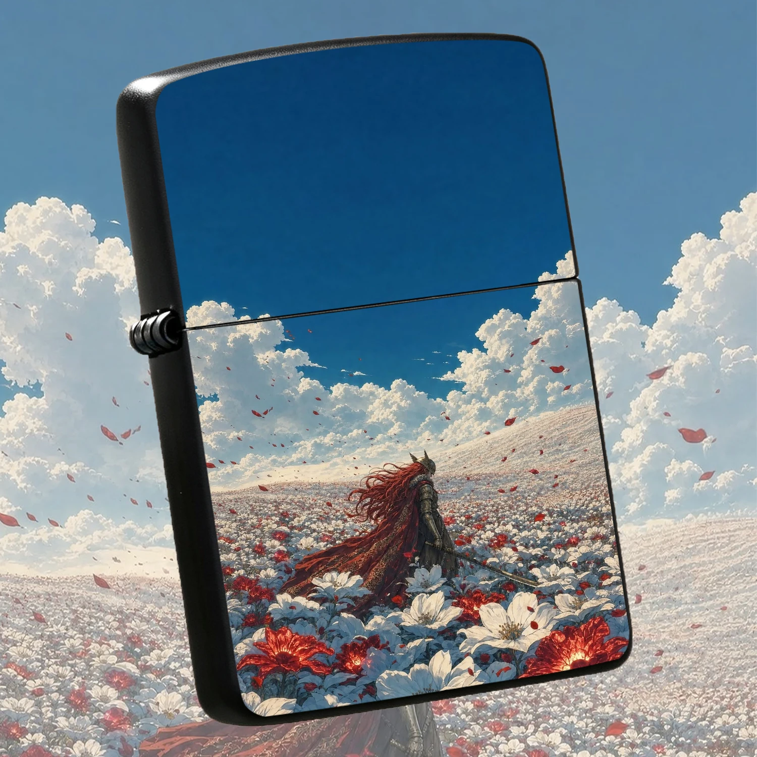 Creative Lighter With Fantasy Knight In Blossom Field Art Print, Vibrant Red White Flower Deep Blue Sky Cloud Pattern, Portable Decorative Accessory, Ideal For Daily Multi-Scene Use, Unique Exquisite Gift For Art Lovers And Friends Collecti