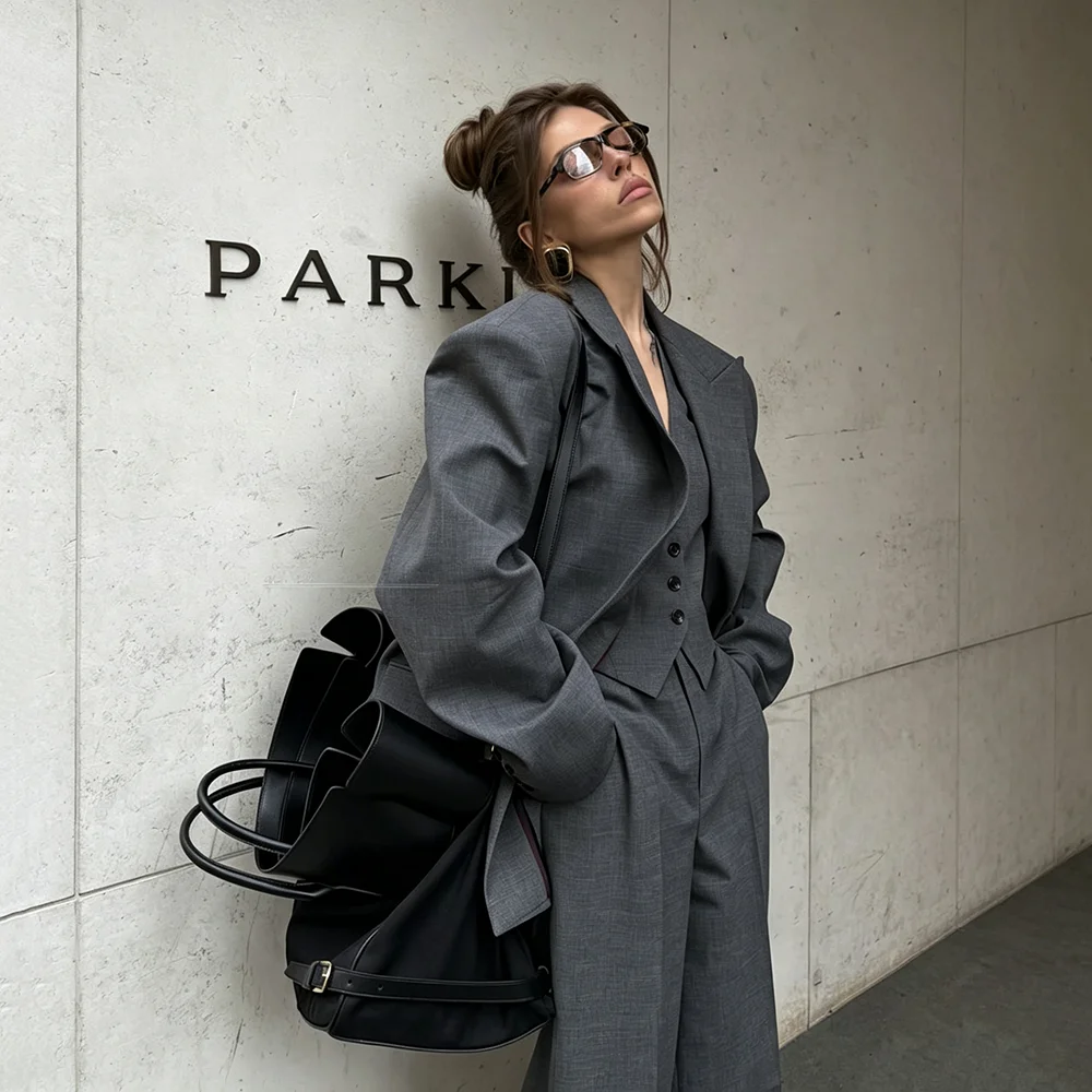 Smart Casual Grey Female Suit Jacket Vest Pants Office Lady Elegant Long Sleeve Fashion Trousers 3 Piece Set Women Outfit 2026