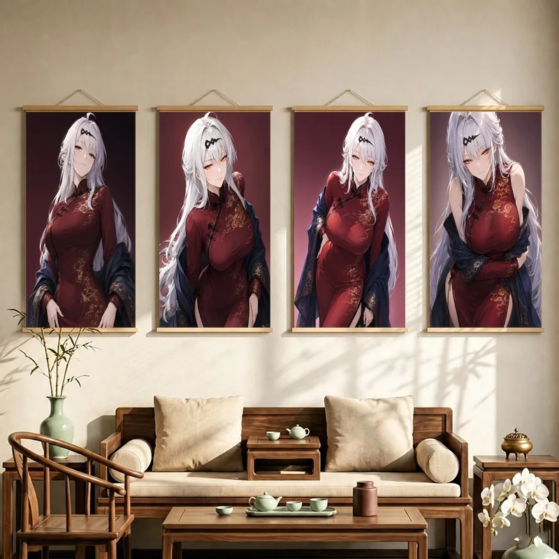 Zenless Zone Zero Hanging Scroll with a White Haired Anime Woman in a Red Outfit on Dark Backgrounds for a Quiet Bedroom