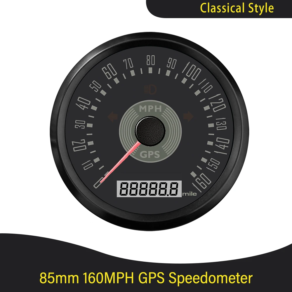 85mm Classic Auto GPS Speedometer 150MPH 160MPH 160km/h 200km/h Adjustable Odometer with Red Yellow Adjustable Backlight 12V 24V