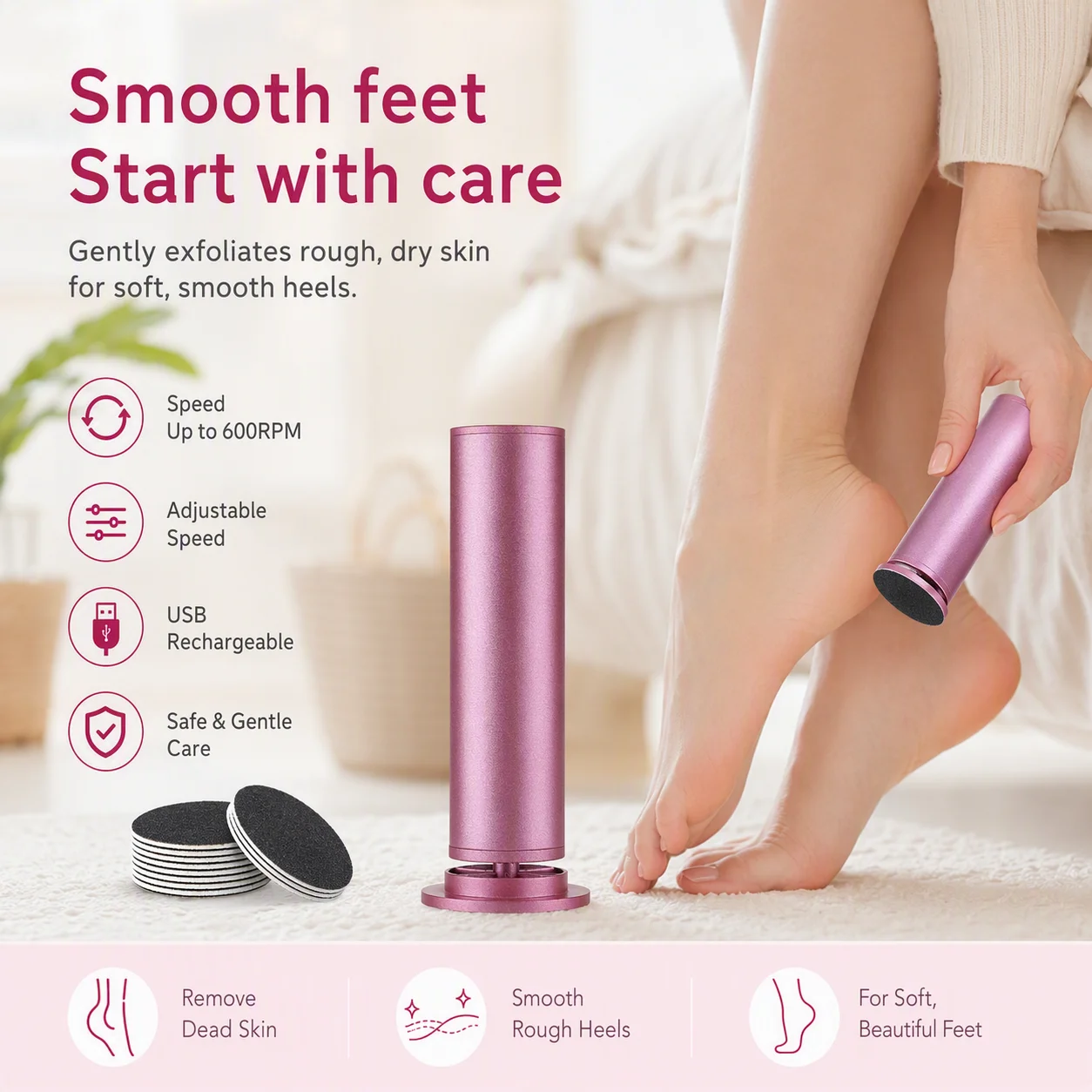Electric Foot File, USB Powered Callus Remover Adjustable Speed 360 Degree Rotation 20 Sandpaper Discs for Dead Skin Heel Care