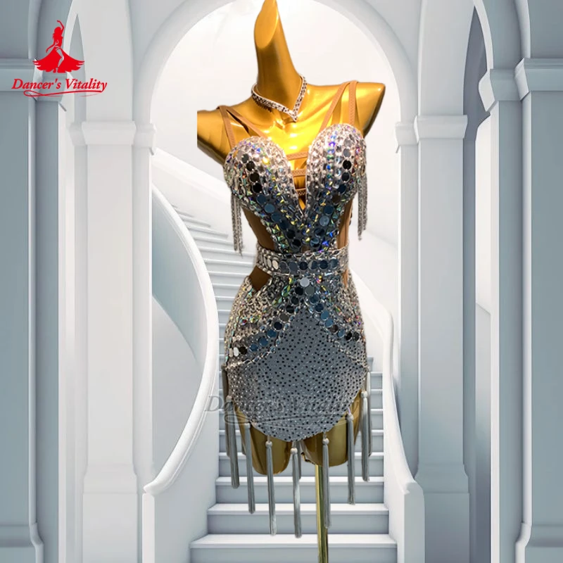 Adult Latin Sleeveless Backless Sling Dresses with Necklace Women Sexy Chacha Samba Perform Clothes Customized Dancer's Vitality