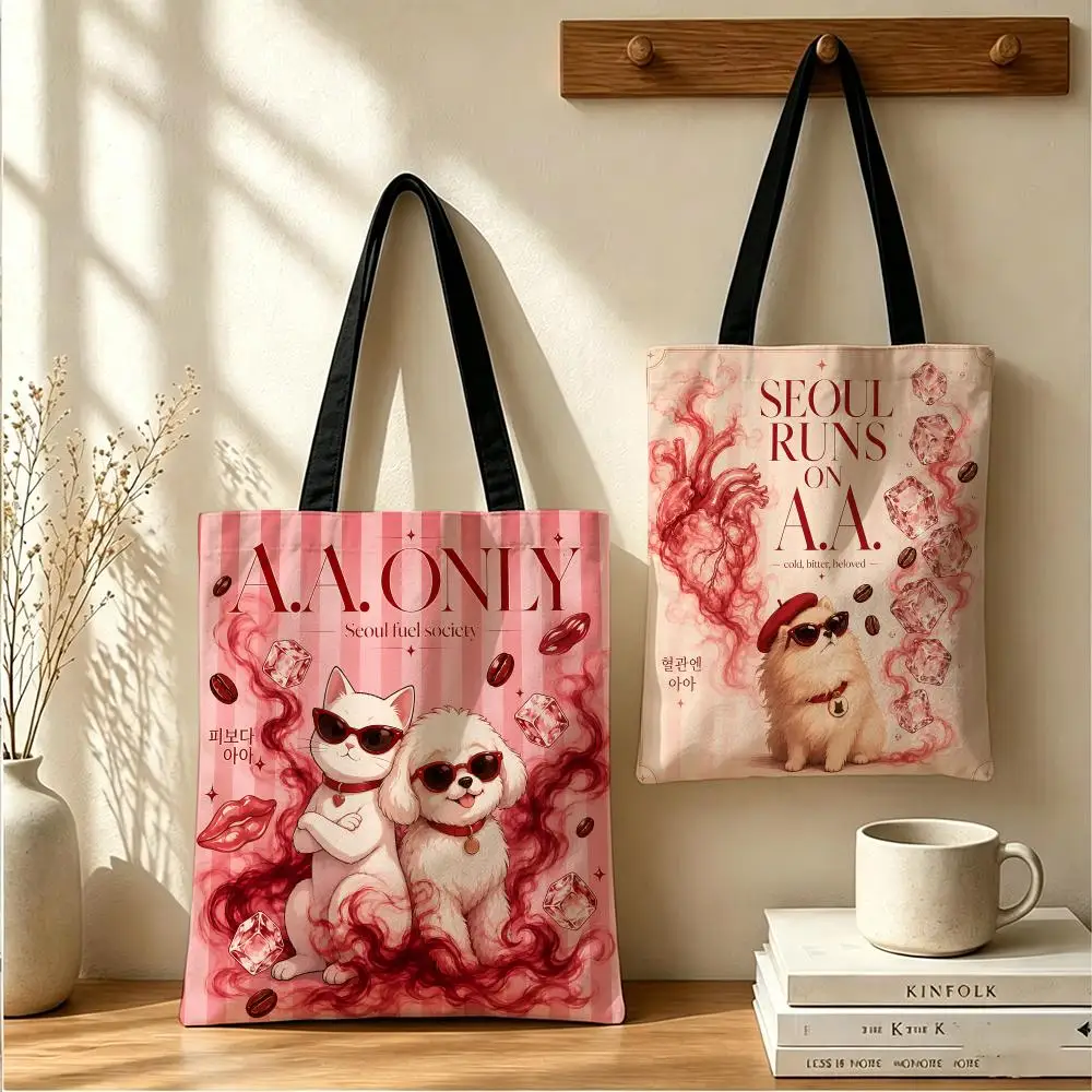 Korean Meme Americano Storage Bags Fashion Double-Sided Tote Large Reusable Shopping Versatile Daily Handbag &Gift