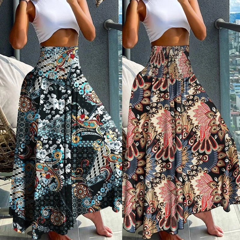 

New Women Fashion Floral Print Folds Bohemian Elastic High Waist Skirt Ladies Long Skirts For Women Summer Beach Dress Up