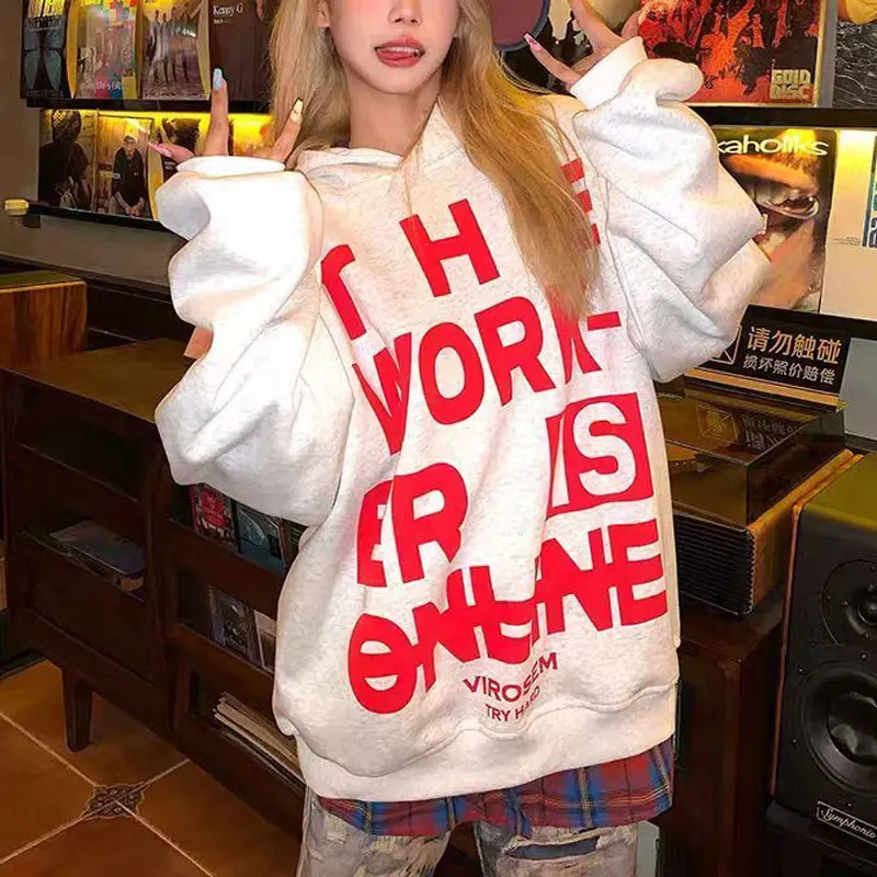 

Stylish American Letter Printed Sweatshirts Autumn Vintage Hooded Women's Clothing Loose Casual High Street Long Sleeve Hoodies