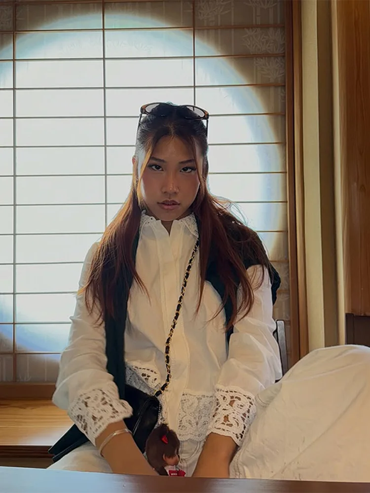 Embriodery レースショーツセット綿ブラウスシャツスーツ女性ラペルヴィンテージ中空アウトトップスオフィスレディースブラウス 2 枚セット