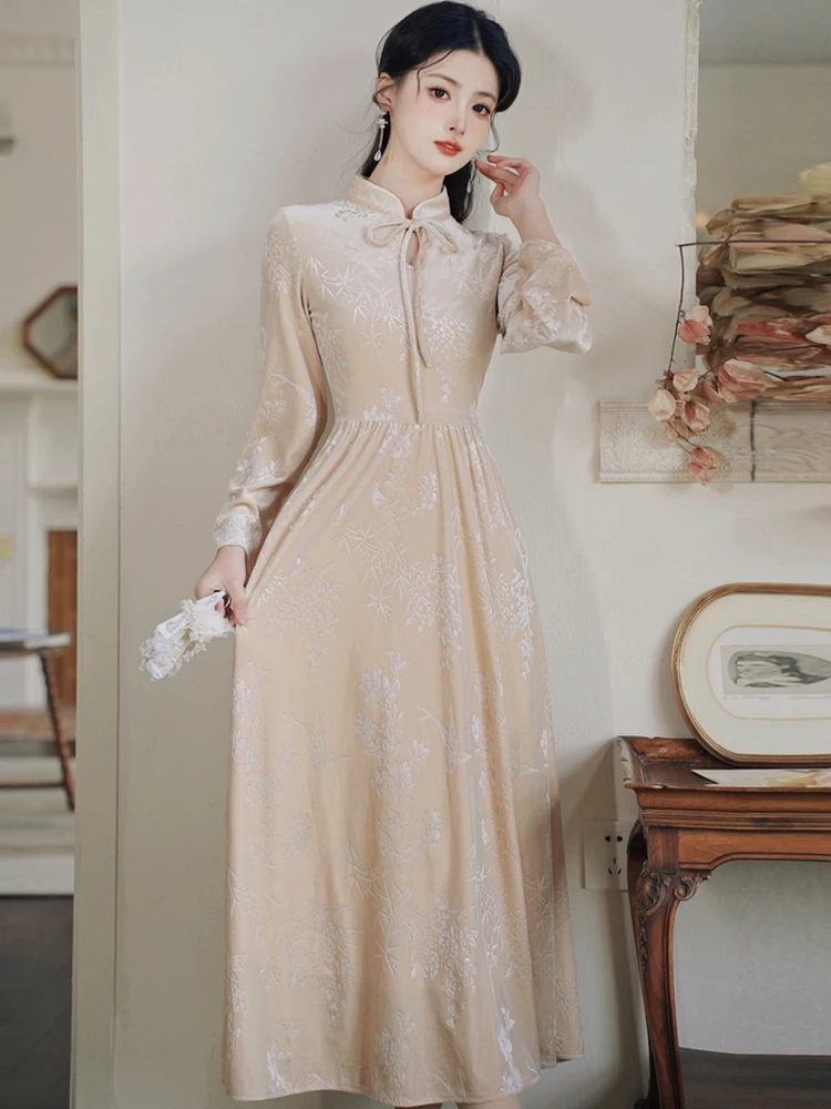 Vrouwen jacquard chique strik opstaande kraag maxi-jurk herfst winter Koreaanse vintage luxe jurk jurk 2025, elegante bodycon feestjurk