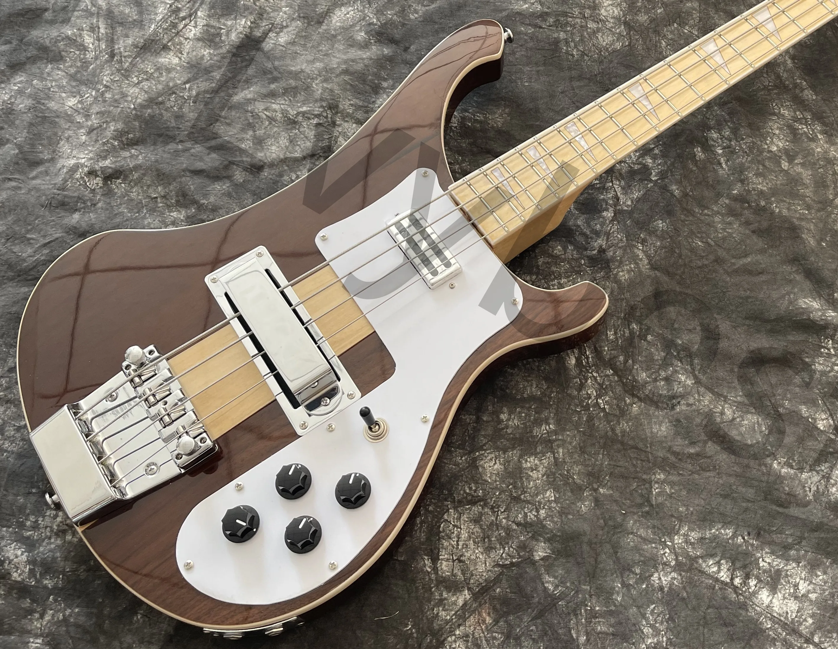 Lvybest Electric Bass 4 Strings Neck Thru Body Brown Wings Maple Neck And Fingerboard Shark Fin White Pearl Inlay Chrome Parts