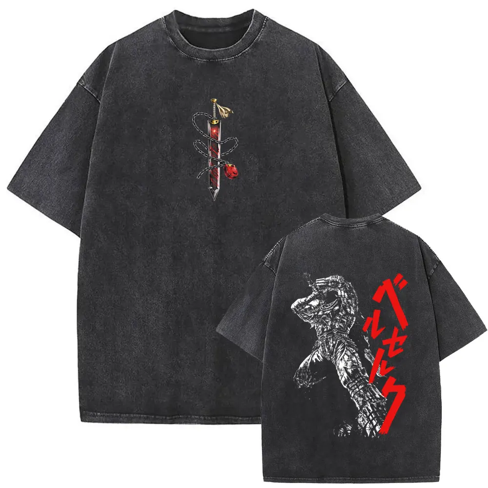 Washed Vintage Anime Berserk Griffith T-shirt Retro Manga Skull Knight Gatsu Zodd Guts T Shirts Men Fashion Oversized T-shirts
