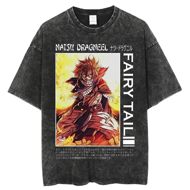 

2026 summer Vintage Washed Fairy Tail Manga Cover Anime T-Shirt Unisex Oversized Streetwear Cotton Short Sleeve Casual Tops