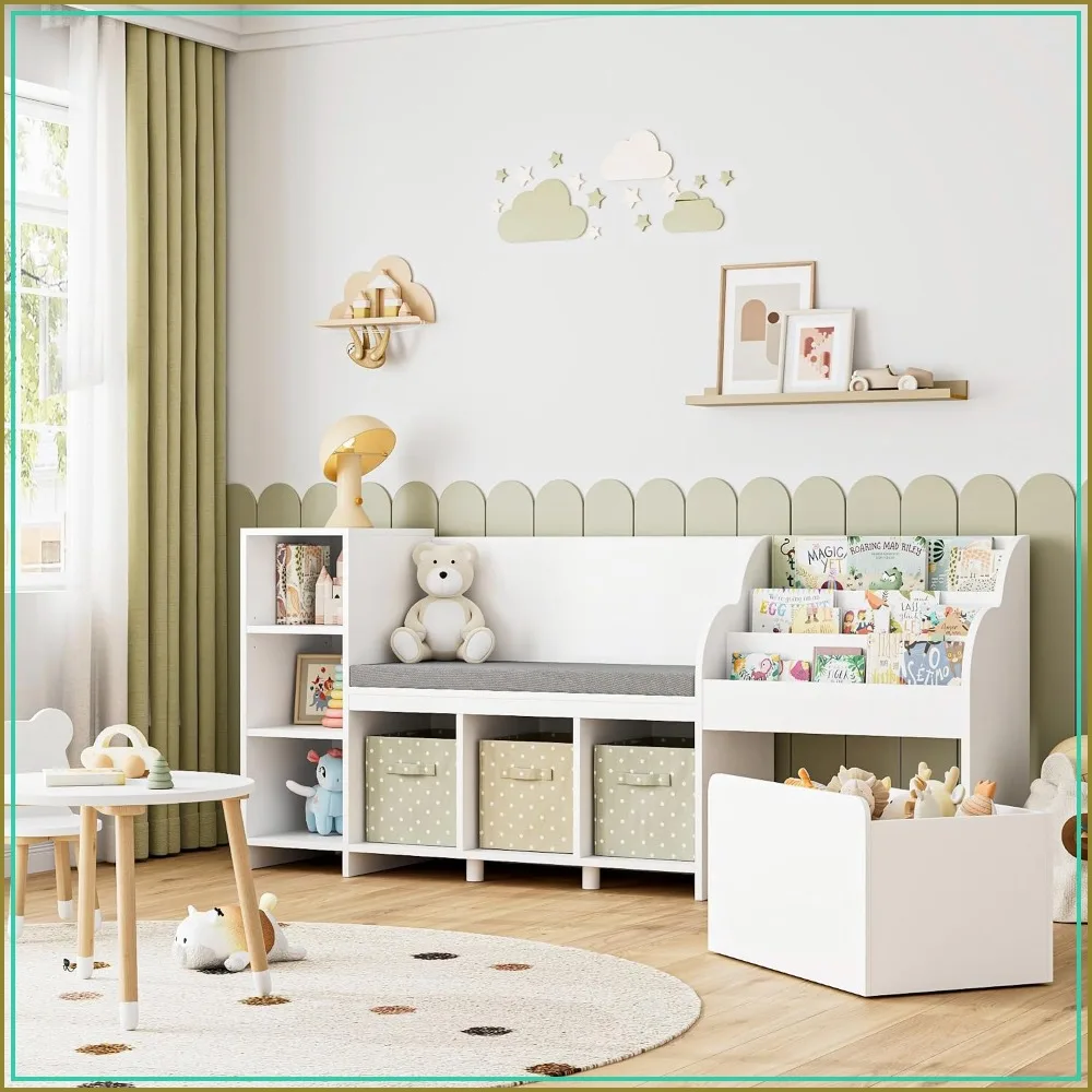 67"W Kids Reading Nook with Bookshelf and Toy Storage Organizer, White