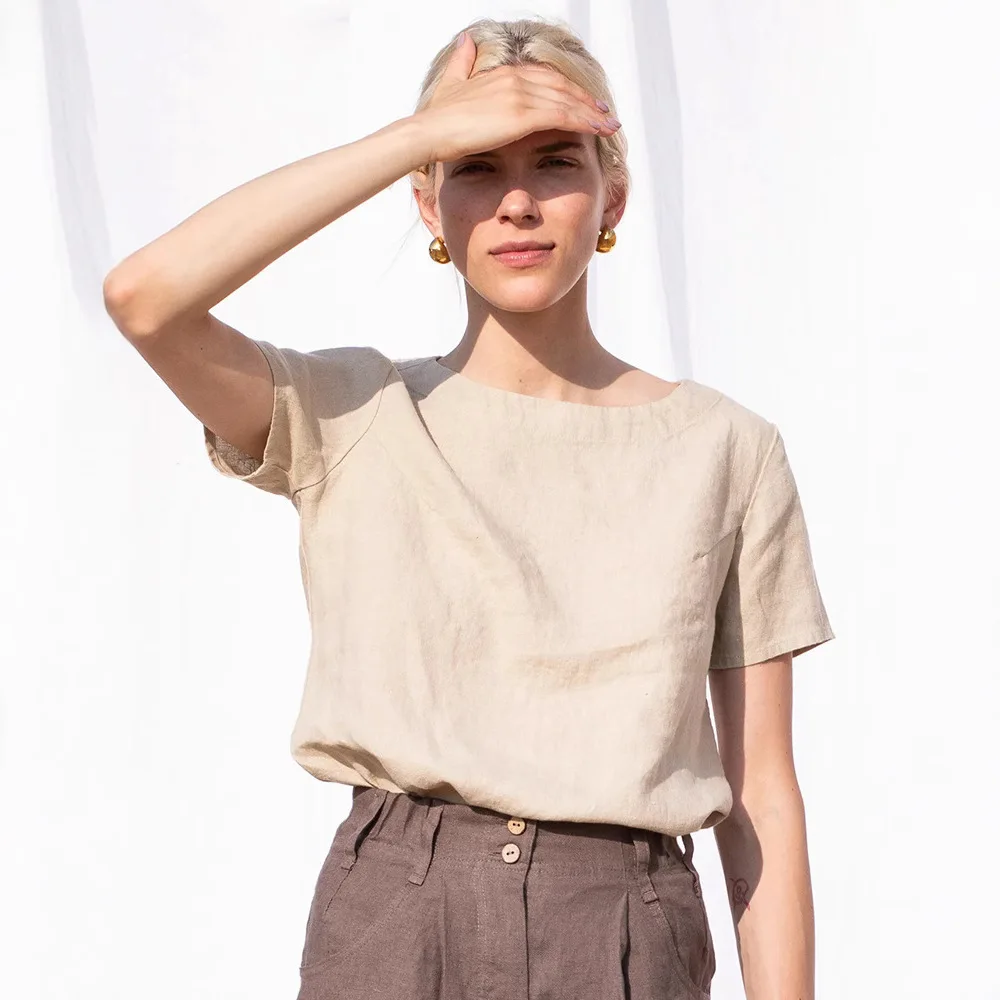 

Льняная хлопковая футболка для женщин, летняя футболка с круглым вырезом и короткими рукавами, повседневная свободная дышащая модная уличная одежда, женские топы