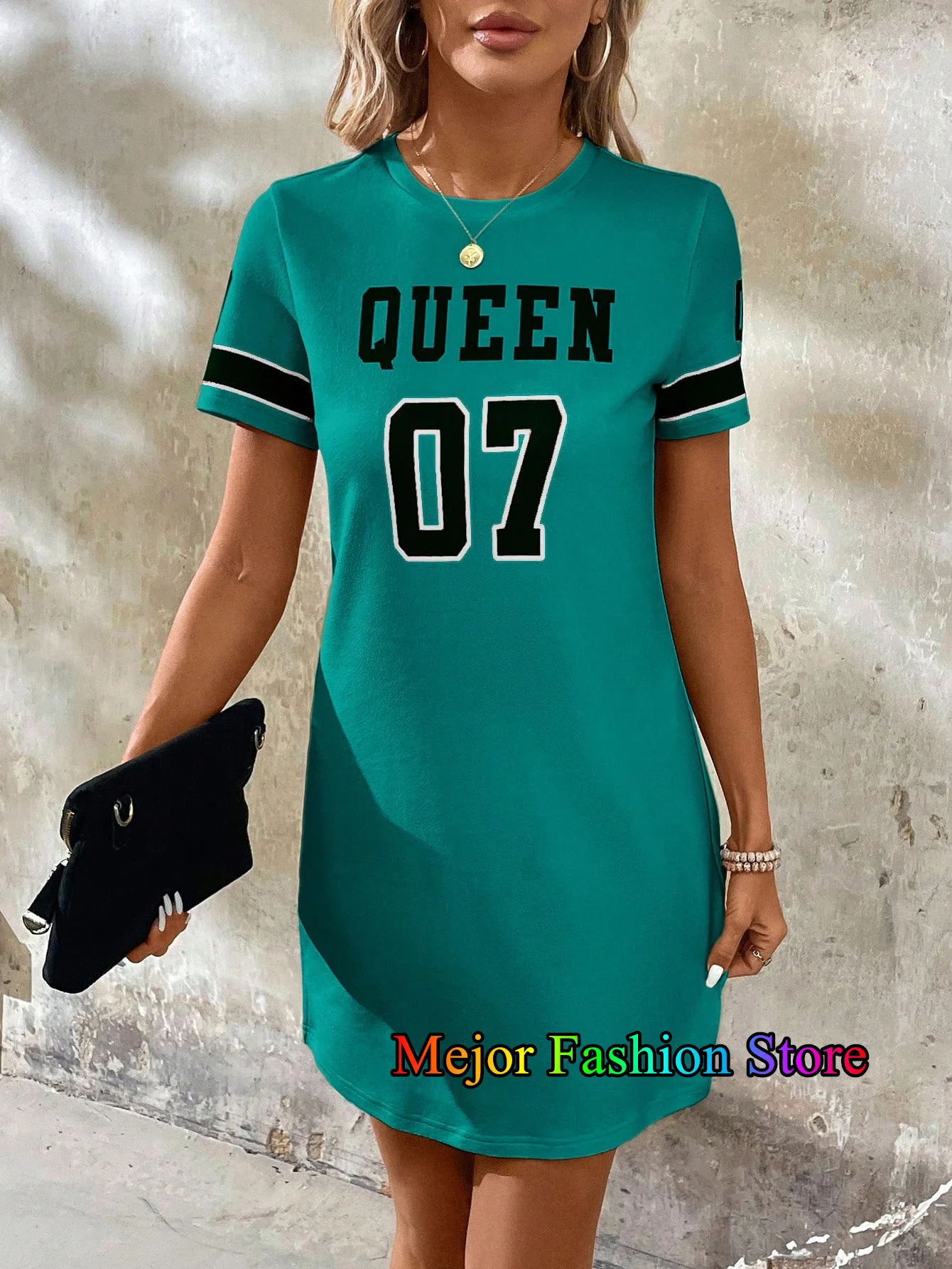 New Arriavl Summer Green Queen No.07 Printed Women Short Sleeved T-shirt Dress Solid Color Loose Casual Sports Fashion Dress