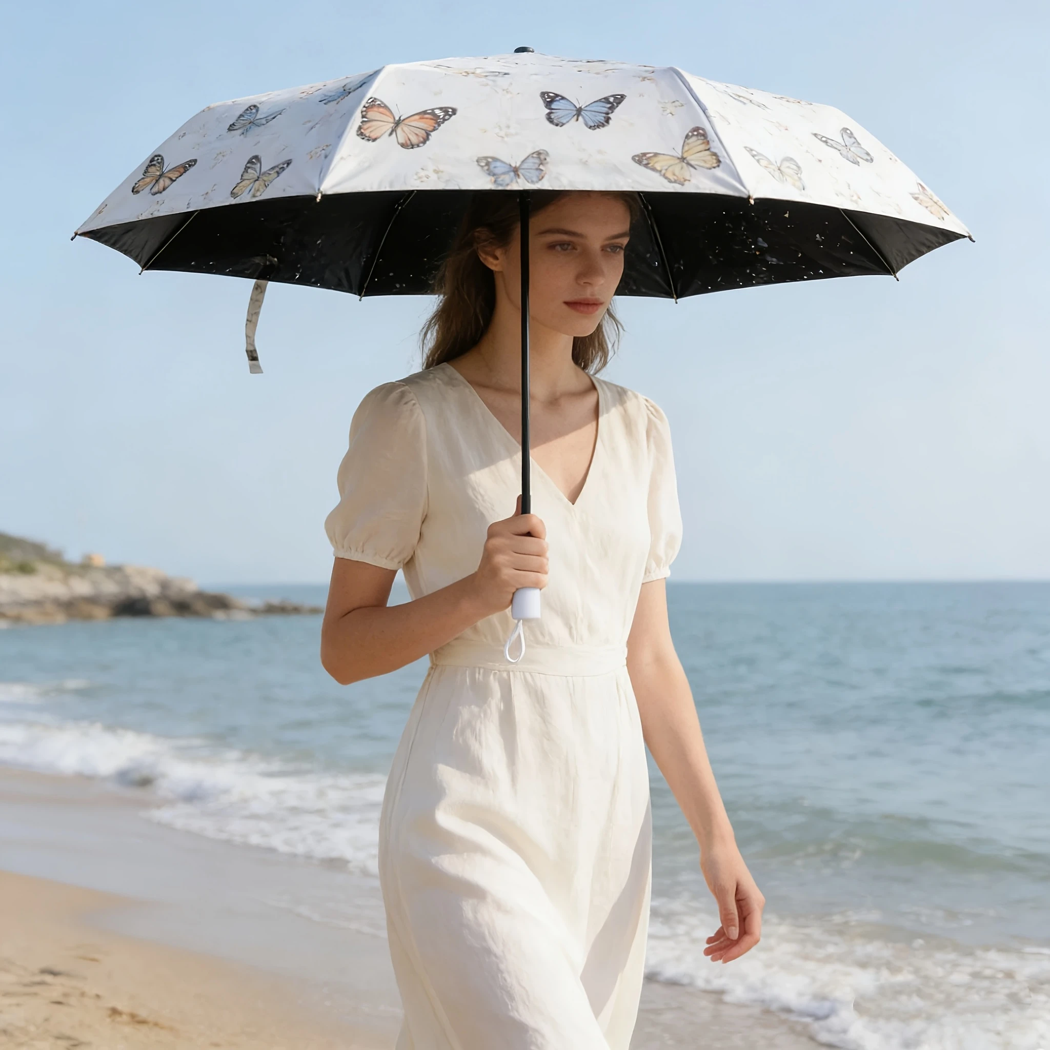

Black Maple Leaf Print Folding Umbrella | Portable, 8 Ribs, Automatic Open, Pongee Material, 2 Layers, Rain And, Outdoor Use
