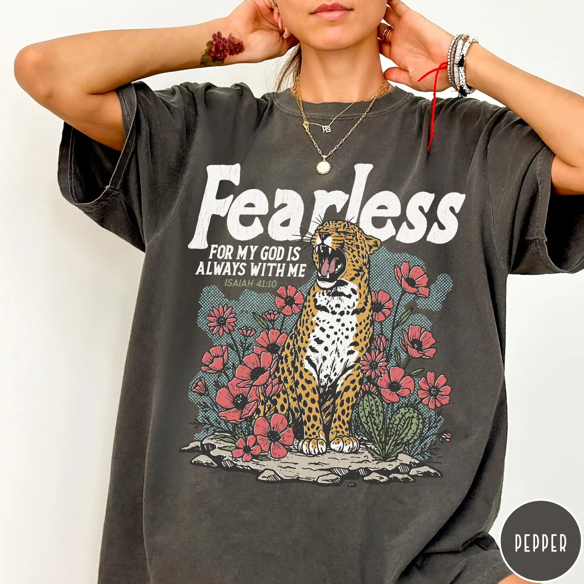 Fearless Bible Verse Comfort Colors T-Shirt, Isaiah 41:10 Christian Tee, Faith Leopard Print Shirt, God Is Always With Me