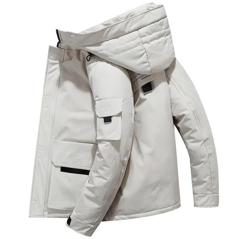 

2025 Winter New Men's Short Hooded Down Jacket, White Duck Down, Couple's Warm Thickened Workwear Style Coat