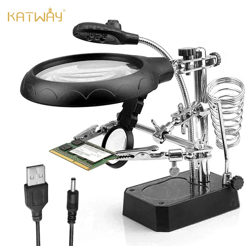 

KATWAY 3In1 Welding Magnifying Glass LED Light Auxiliary Clip Loupe Magnifier Hand Soldering Iron Stand Holder Station HH-AA82