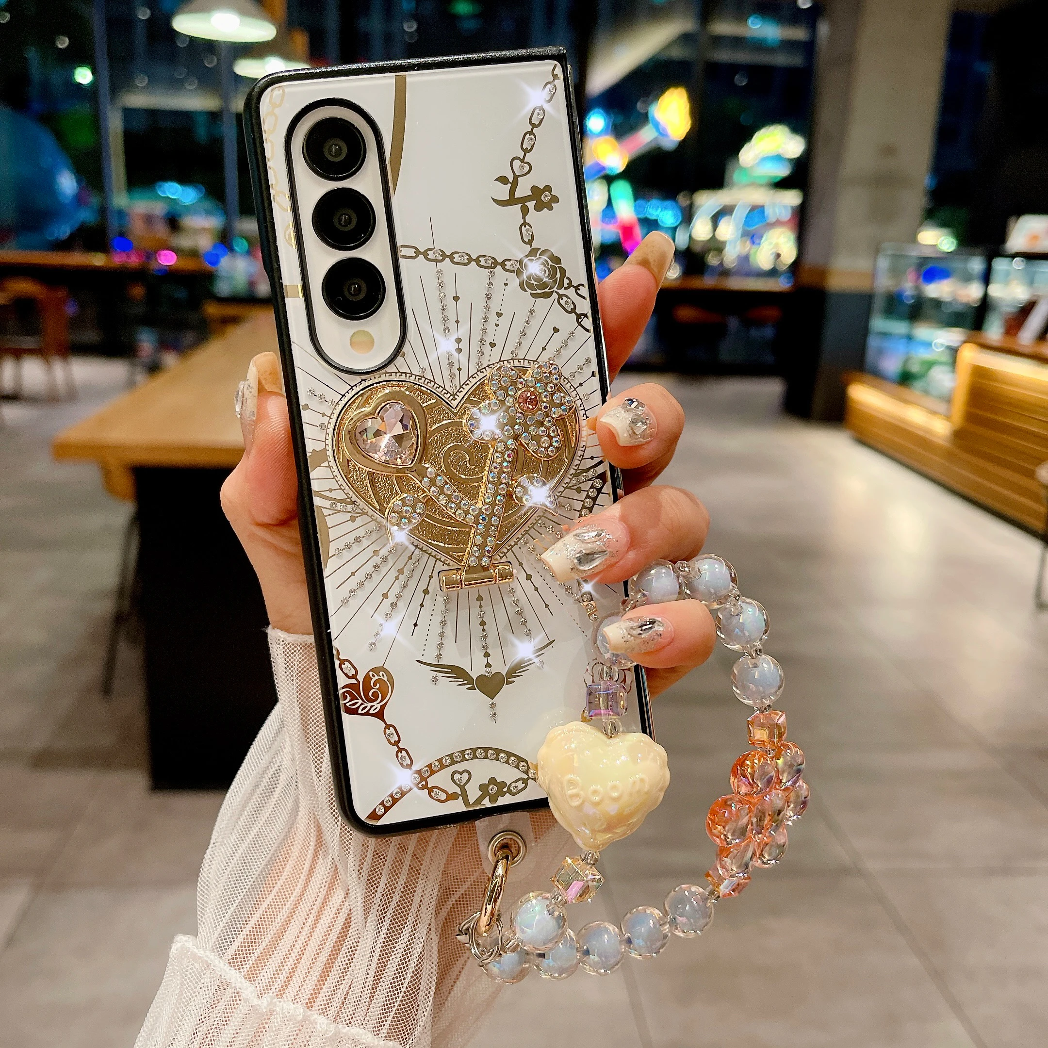 For Samsung Galaxy Z Fold 4 5 6 Luxury Shiny Glitter Rhinestone heart Holder Crystal Chain Strap Phone Case Cover image 3