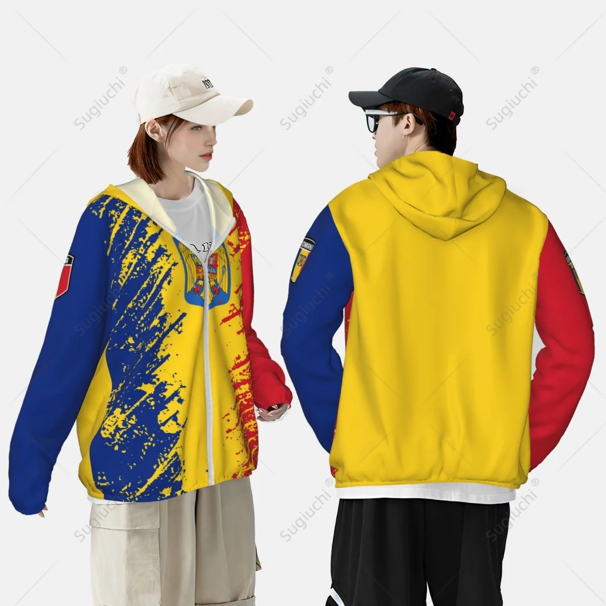 Bandeira da Romênia Sun Protection Hoodie, Roupas com protetor solar, Pesca, Ciclismo, Corrida, Secagem rápida, Manga comprida com zíper, Poliéster