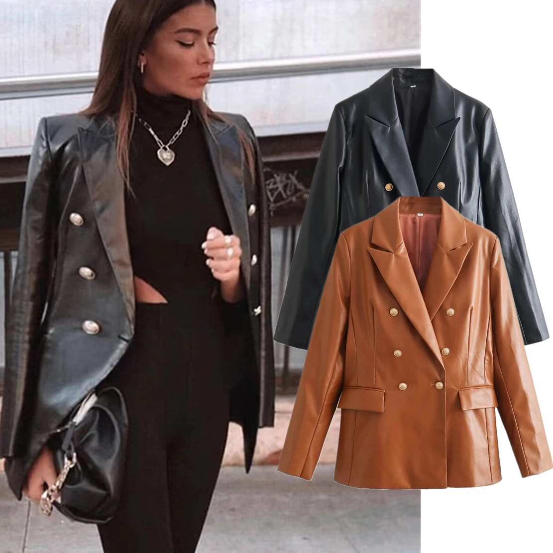 

Dave&Di Autumn New High Street Fashion Retro Double Breasted Blogger Leather Jacket Casual Blazers Suit Women