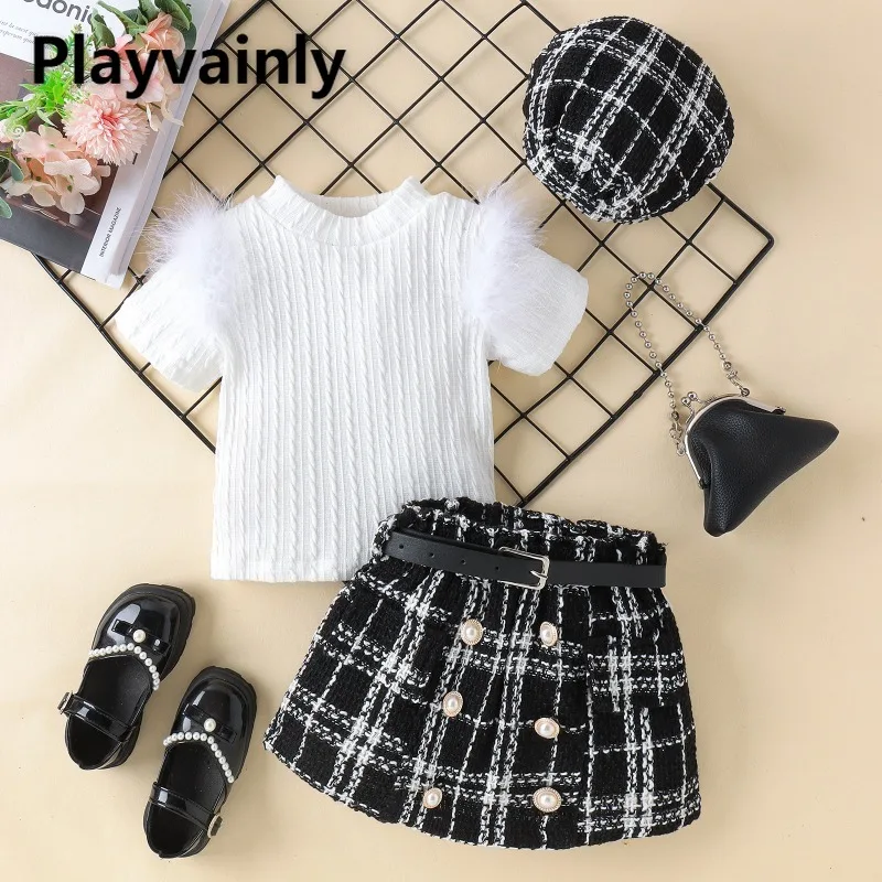 

Korean Style Summer Girls Plush Patchwork Crewneck Short Sleeve Top+Black White Plaid Tweed Skirt+Hat Children Clothes H0118