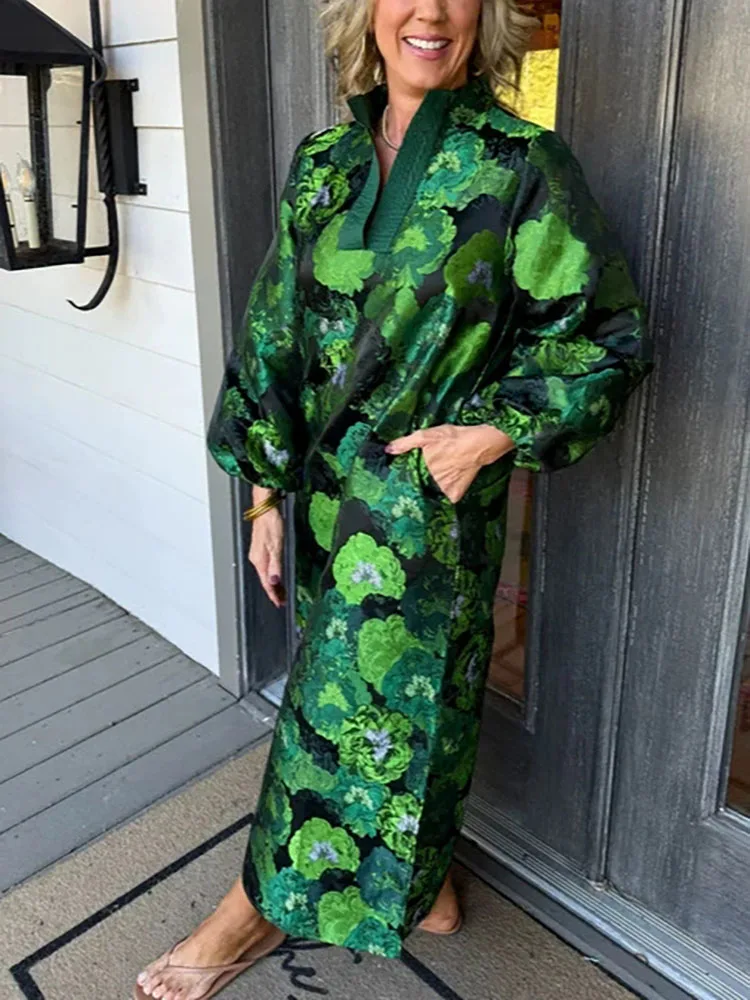 Cómodo vestido suelto de manga larga con cuello levantado para primavera y verano, nuevo estilo, elegante vestido jacquard para mujer