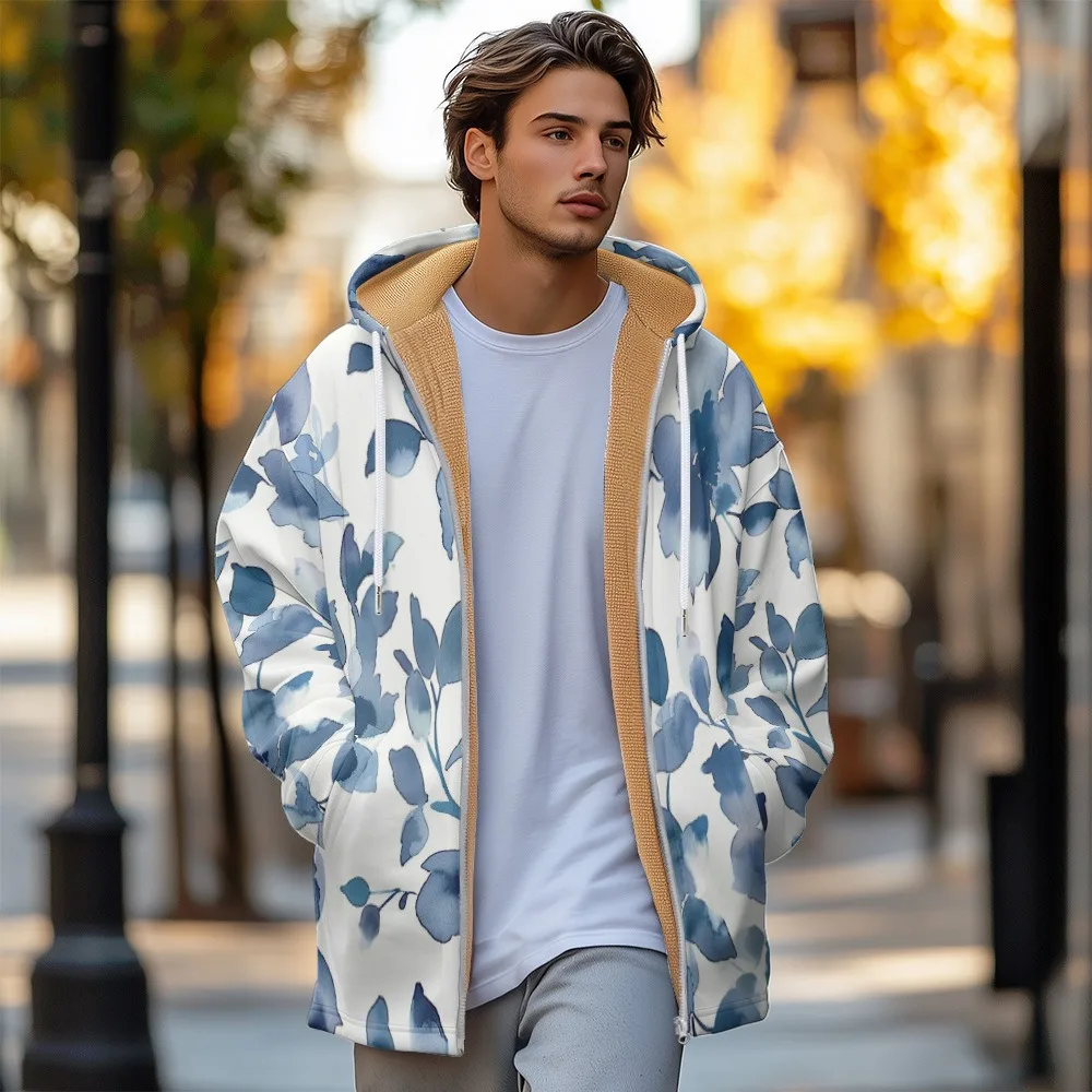 Men Jackets Coats Florals Flowers Printed Plush Thick Winter Art Graphics Outdoor Casual Large Size Streetwear Clothing