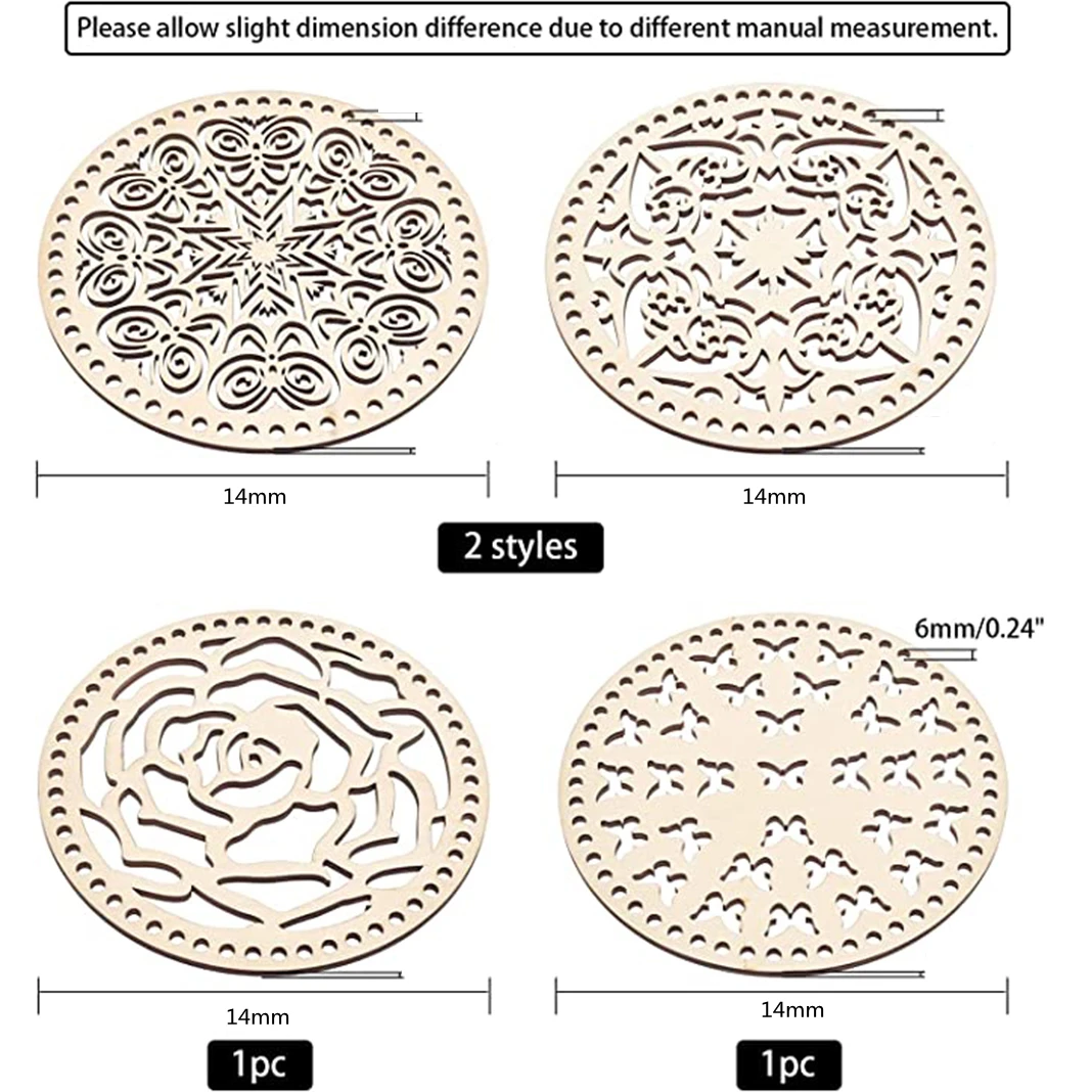 2pc 5.4 Inch Natural Wooden Basket Bottom Snowflake Butterfly Circle Blank Hollow Crochet Basket for DIY Knitting Bag