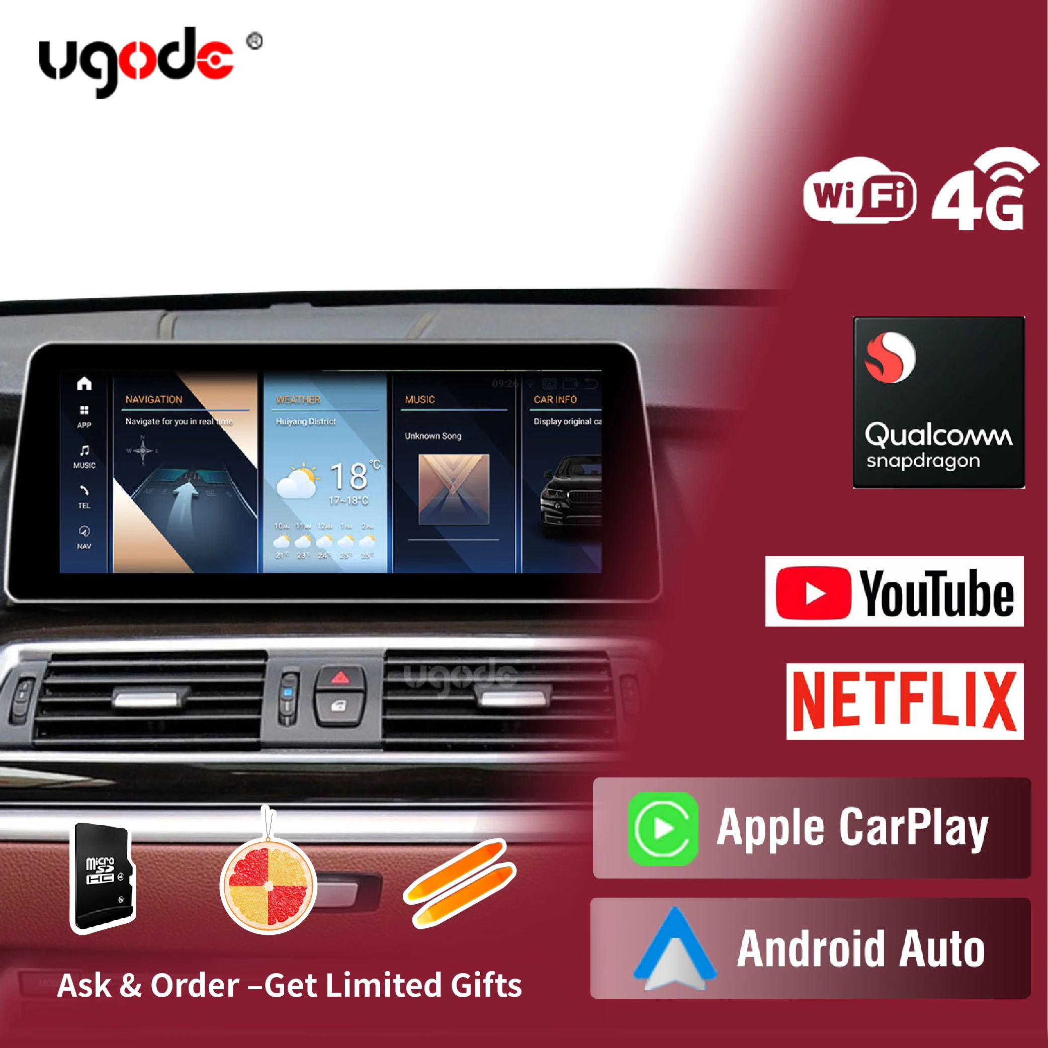 Ugode Android13 Qualcomm Snapdragon 680 Wireless CarPlay Screen for BMW 5 Series GT F07 2010-2017 Car Multimedia Player GPS Navi