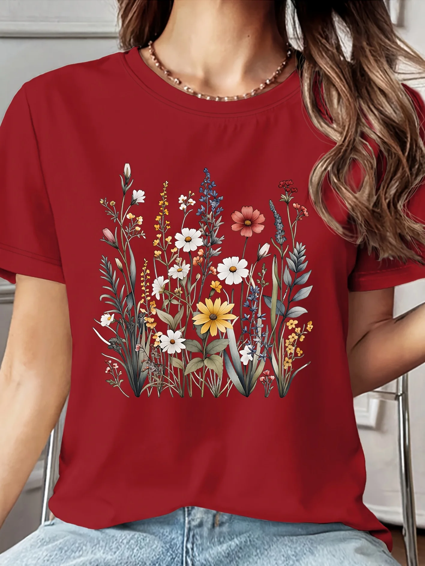 Women's T-shirt with retro hand-painted wildflower flower print round neck and skin friendly summer  casual trend daily top